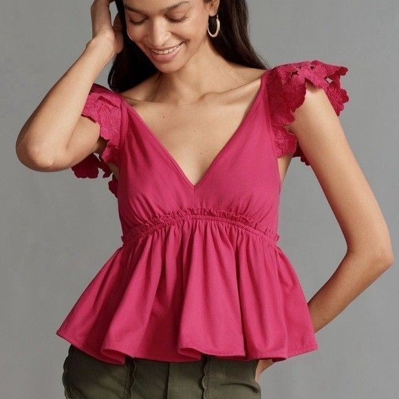 Pilcro Tops - By Anthropologie Cotton Flutter-Sleeve V-Neck Babydoll Blouse Top M NEW 284897